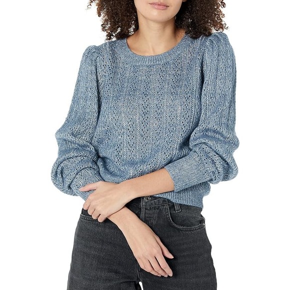 PAIGE Women's Athena Sweater - Moondust Blue Crew Neck Cropped Puff Sleeve Sweater With Silver Thread - View #10